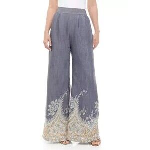 Wonderly Women's Linen Like Smocked Waist Swing Pants Paisley Border Sz L